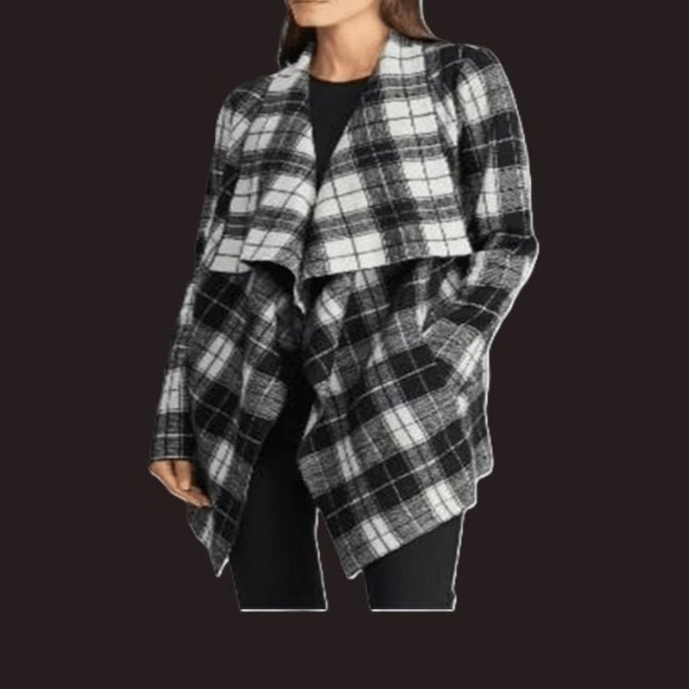 RALPH LAUREN Open Front Buffalo Plaid Black And White 100% Wool Cardigan Small